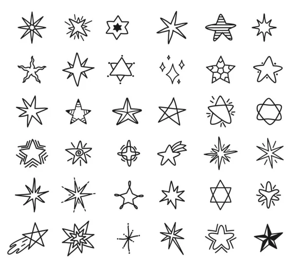 Estrellas dibujadas a mano garabato, dibujo lindo de la estrella. Estrellas fugaces y brillantes elementos garabatos de línea para el conjunto de vectores patrón de tela — Vector de stock