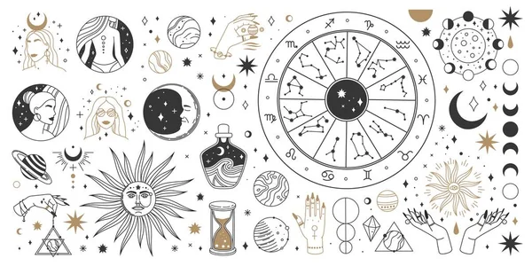 Mistyczna astrologia, boho niebiańskie i magiczne elementy okultystyczne. Święty mistyczny księżyc, słońce, gwiazda, symbole zodiaku i zestaw wektorów konstelacji — Wektor stockowy