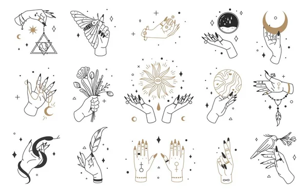Mains de sorcières mystiques, logo féminin avec des éléments ésotériques. Cristaux magiques, lune, bijoux dans les mains. Ensemble vecteur de carte de tarot sorcellerie Boho — Image vectorielle