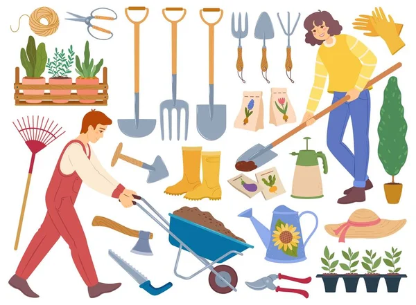 Κηπουροί με κηπουρικό εξοπλισμό και εργαλεία, κηπευτικά στοιχεία, φυτά. Φτυάρι, ποτιστήρι, σπόροι. Άνθρωποι που φροντίζουν για τον κήπο διανυσματικό σύνολο — Διανυσματικό Αρχείο