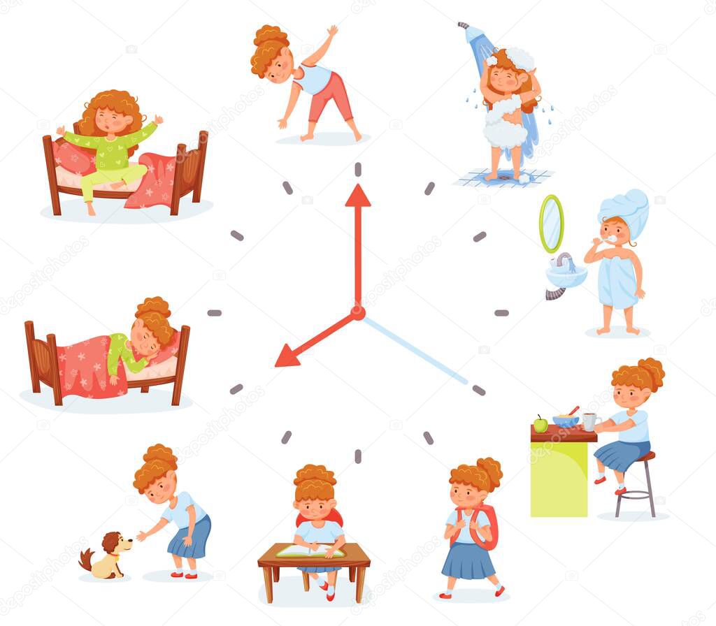 Cartoon cute school girl daily routine activities. Child exercising, going to school. Kids hygiene and everyday schedule vector illustration