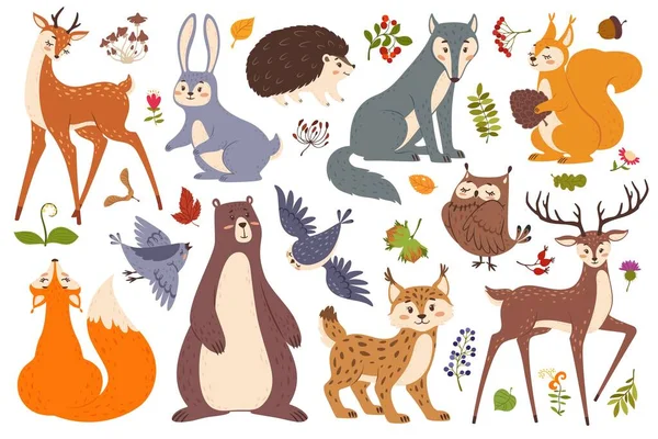 Лесные животные и птицы, милые лесные животные. Олень, лиса, медведь, белка, ёжик, волк, кролик. Листья леса, векторный набор ягод — стоковый вектор