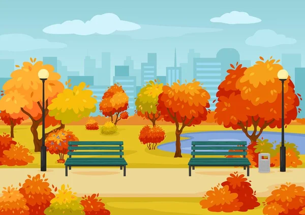 Cartoon Herbst Stadtparkstraße mit Bänken, Bäumen und Büschen. Herbst Saison Outdoor-Szene Parks Gehweg, gelb und rot Baum Vektor Illustration — Stockvektor