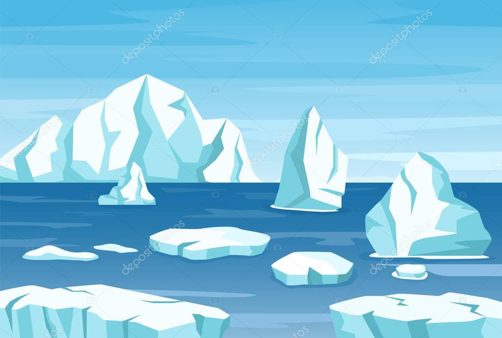 Arctic polar landscape with icebergs, glaciers and ice rocks. Melting iceberg drifting in ocean. Antarctic mountains scene vector illustration