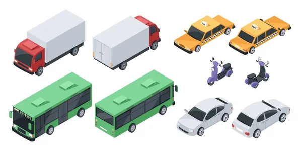 Isometric 3D şehir ulaşımı, ulaşım araçları, arabalar. Sedan aracının ön ve arka görüntüsü, kamu otobüsü, kargo kamyonu, scooter vektörü seti — Stok Vektör