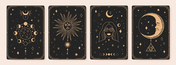 Mistik astroloji tarot kartları, bohem okült kartları. Üzerinde ay evreleri, kutsal güneş ve yıldız vektörü olan klasik oymalı esrarengiz kartlar. — Stok Vektör