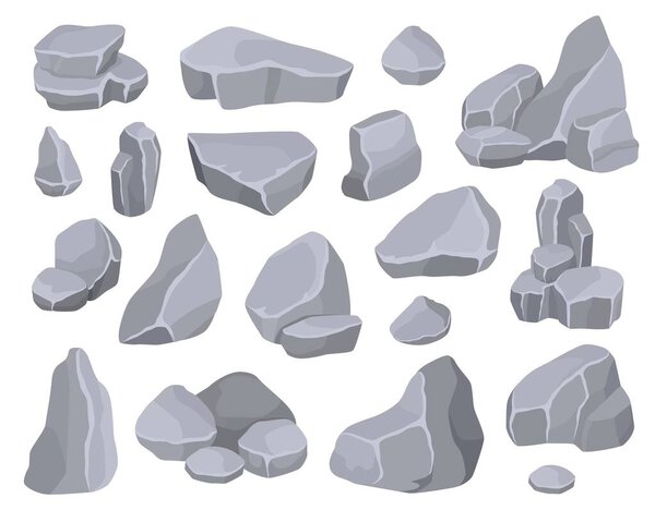 Cartoon grey rock stones rubbles, boulders and mountain cliffs. Stone formations, pile of rocky debris, minerals or rocks rubble vector set