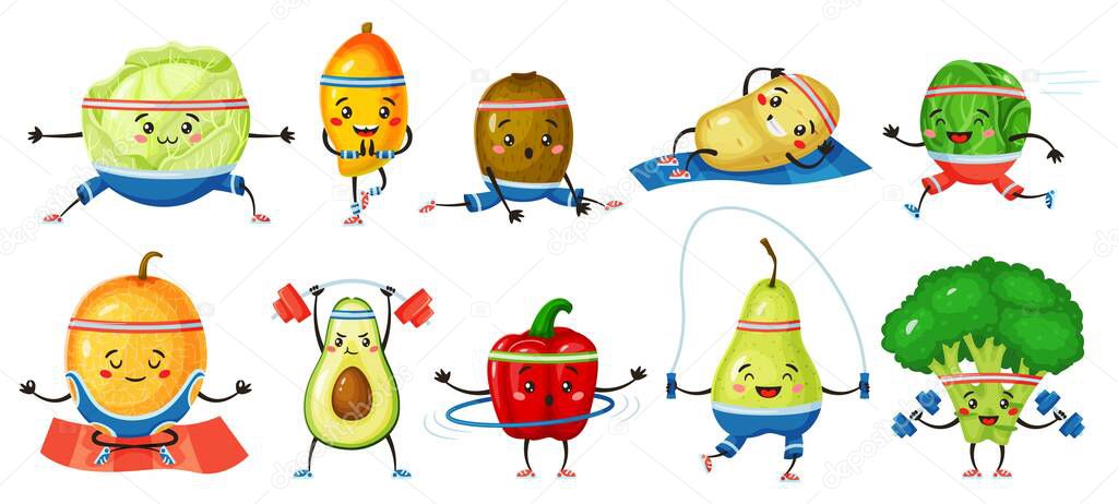 Fruits and vegetables exercising. Melon, kiwi in yoga poses, broccoli with dumbbells. Strong healthy fruit and vegetable characters vector set