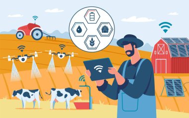 Akıllı çiftçilik, yenilikçi tarım teknolojisi, tarım robotları. Ekolojik güneş enerjili çiftlik, tarım otomasyon vektörü illüstrasyonu
