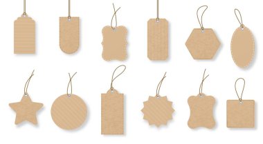 Kağıt fiyat etiketleri, ipli bagaj etiketleri, hediye etiketleri. Çeşitli şekillerde eski vintage satış etiketleri. İp vektörü ayarlı reklam rozeti