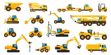 İnşaat makineleri, ekipmanlar ve ağır inşaat makineleri. Turna, kazıcı, buldozer, traktör, kamyon, forklift, kazıcı düz vektör seti