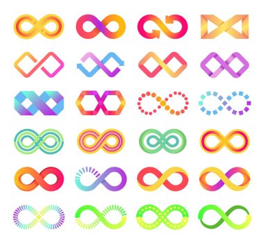 Renk sonsuzluk simgesi, sonsuz döngü sembolü logosu. Renkli sonsuz ok zinciri işareti, soyut sonsuzluk logosu, sonsuz döngü vektörü kümesi