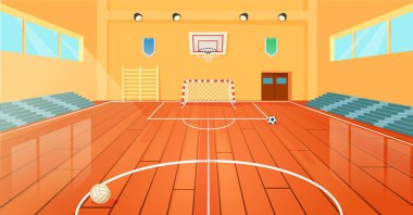 Çizgi film okulu basketbol salonu, kapalı spor salonu. Basketbol potası ve spor malzemesi illüstrasyonlu boş üniversite spor salonu