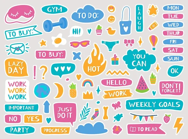 Cute planner stickers, diary or notebook trendy decor elements. Calendar reminders, quotes, daily or weekly planner doodle sticker vector set — Stock Vector