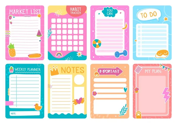 Χαριτωμένο σχεδιασμό σελίδες με αυτοκόλλητα, σημειωματάριο ή πρότυπο ημερολόγιο. Εβδομαδιαία σχεδιαστής, για να κάνετε λίστα, συνήθεια tracker παιδιά περιοδικό σχεδιασμό σελίδα διάνυσμα σύνολο — Διανυσματικό Αρχείο