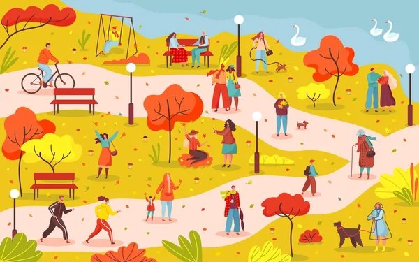 Mensen wandelen in de herfst stadspark, paardrijden fiets en honden uitlaten. Karakters besteden tijd buiten in het najaar park vector illustratie — Stockvector