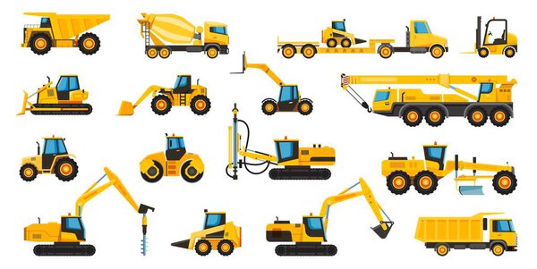 Construction machines, equipment and heavy building machinery. Crane, excavator, bulldozer, tractor, truck, forklift, digger flat vector set