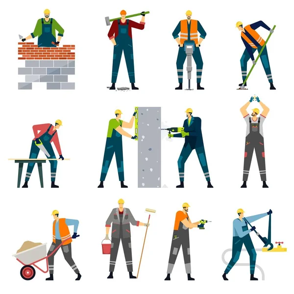 Trabajadores de la construcción con herramientas profesionales, constructores de casas en el trabajo. Carpintero, pintor de pared, mantenimiento o reparación del hogar conjunto vector trabajador — Archivo Imágenes Vectoriales