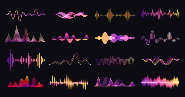 Ondas sonoras coloridas, frequência de áudio de música abstrata. Voz soundwave, equalizador eletrônico, amplitude de som, conjunto de vetor de forma de onda de rádio —  Vetores de Stock