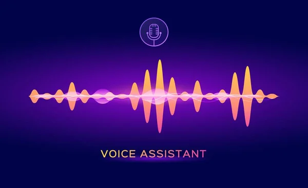 Personal voice assistant, sound recognition artificial intelligence. Microphone logo with speech soundwave virtualization vector concept — Stock Vector