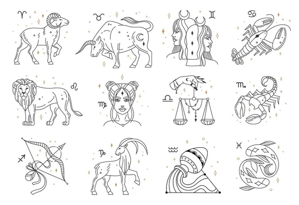 Horóscopo signos del zodiaco, constelaciones de astrología símbolos. León, pis, capricornio, libra, cáncer, sagitario conjunto de vectores de signos astrológicos — Vector de stock