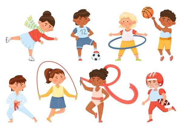 漫画の子供運動、子供たちはスポーツや体操をします。男の子と女の子は、ボール、アイススケート、ロープをスキップ、空手のベクトルセットを行う — ストックベクタ