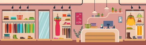 Tienda de ropa de mujer, interior boutique de moda. Ropa femenina y accesorios tienda de ropa al por menor con ilustración de vectores de mesa de mostrador — Archivo Imágenes Vectoriales