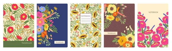Portada de cuaderno con flores de primavera, portada floral artística. Planificador de moda o cuadernos de fondo con elementos naturales conjunto de plantillas vectoriales — Archivo Imágenes Vectoriales