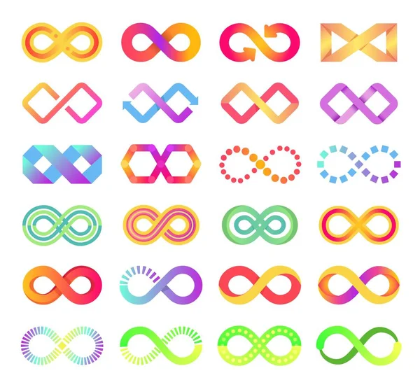 Ícone do infinito da cor, logotipo infinito do símbolo do laço. Sinal de cadeias de seta infinitas coloridas, logotipo da eternidade abstrata, conjunto de vetor de ícones de ciclo infinito — Vetor de Stock