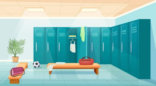 Gimnasio vestuario con armarios, vestuario deportivo de la escuela. Dibujos animados vacío universidad deportes club armario interior vector ilustración — Archivo Imágenes Vectoriales