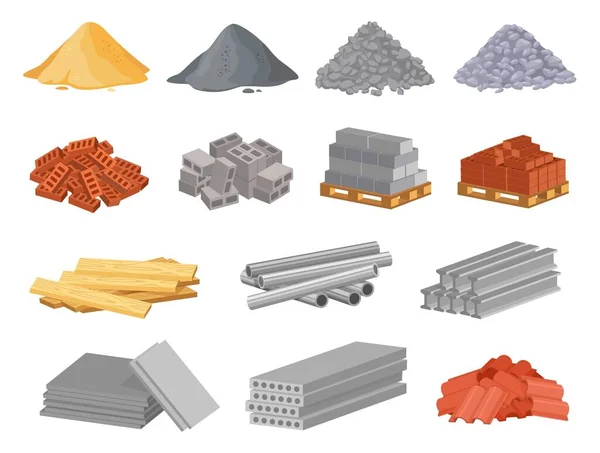 Materiales de construcción de dibujos animados, arena y grava. Pilas de ladrillo, tubos de metal, cemento. Suministros de construcción para la renovación vector conjunto — Vector de stock