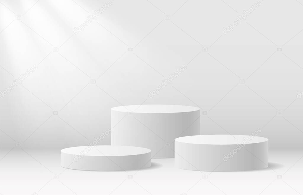 Round podium stand, 3d products display mockup background. Realistic minimal product scene with platform, winner pedestal vector illustration
