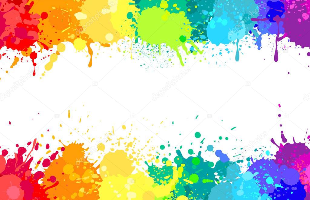 Colorful paint splatter background, painted rainbow splashes. Colored watercolor splash, abstract color spray paints explosion vector banner