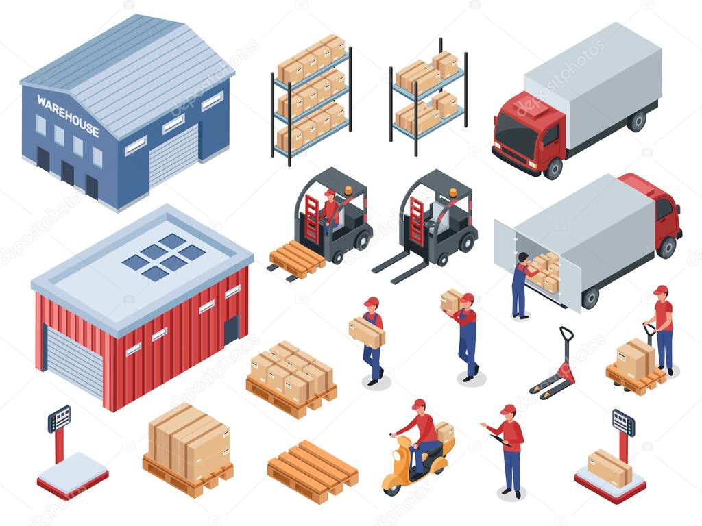 Isometric logistic delivery, distribution warehouse, transportation logistics. Courier or delivery man, cargo truck, forklift vector set