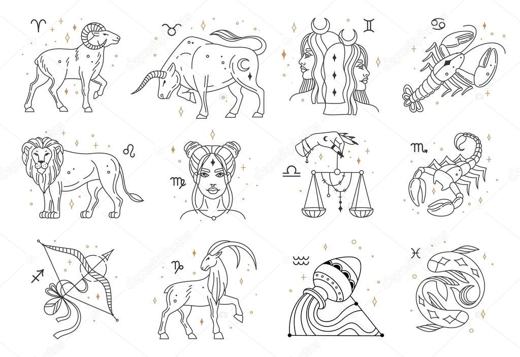 Horoscope zodiac signs, astrology constellations symbols. Lion, pisces, capricorn, libra, cancer, sagittarius astrological sign vector set