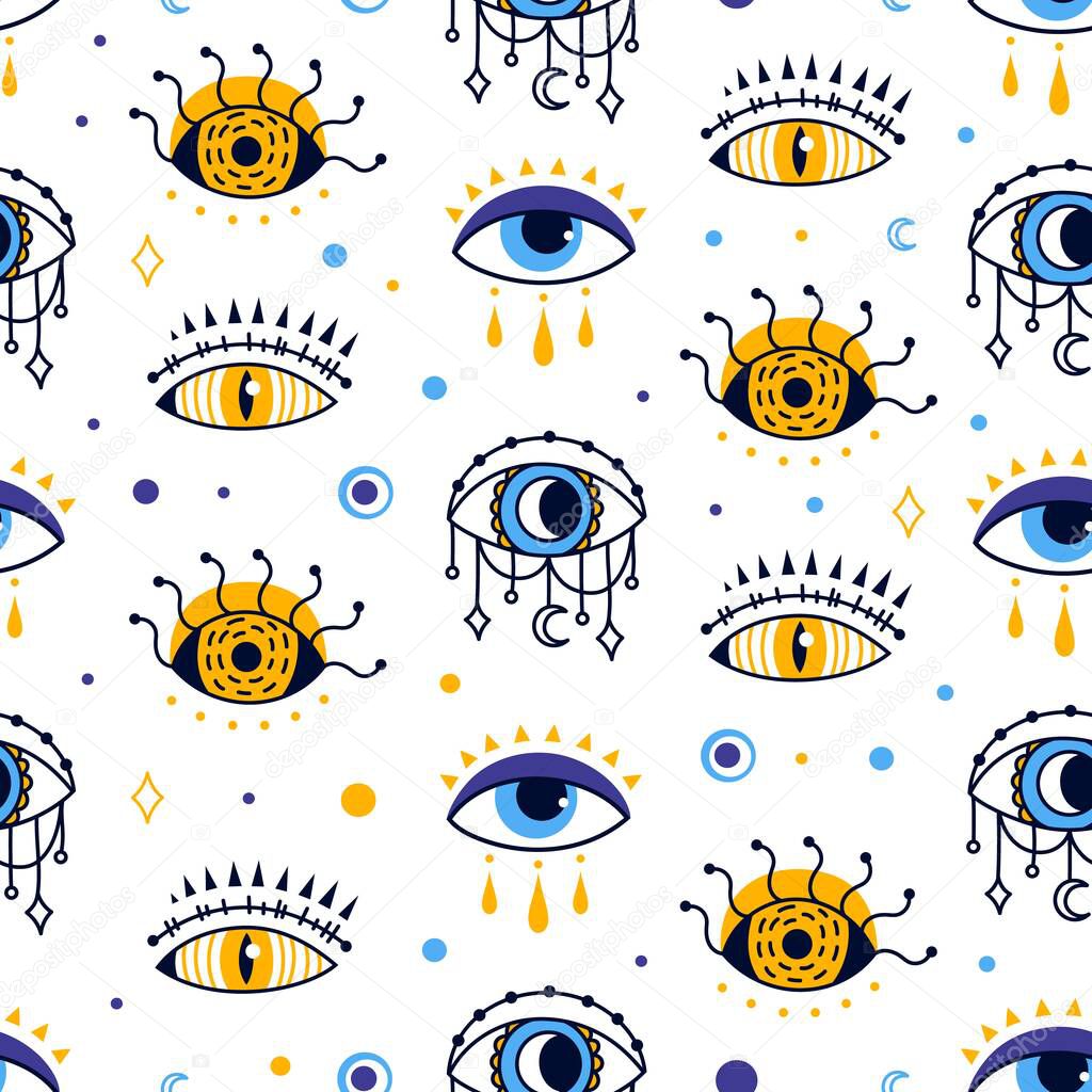 Mystic evil eye seamless pattern, esoteric abstract background. Providence or protection magic symbol, turkish eye ethnic fabric vector texture
