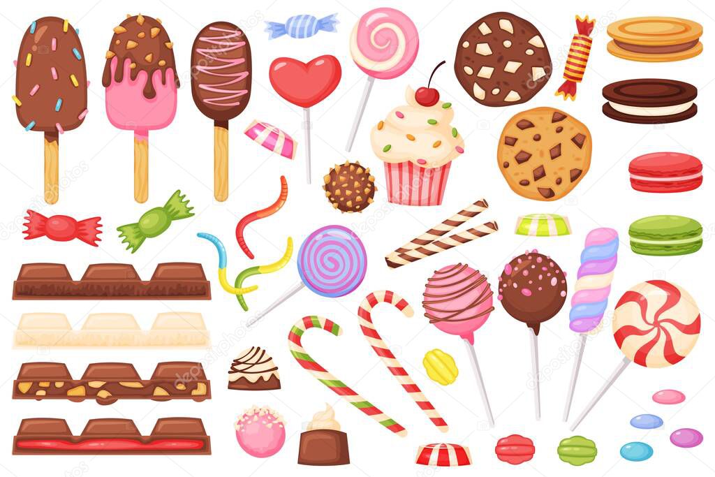 Cartoon candies, sweets, desserts, lollipops, chocolate. Candy, cupcake, macaron, ice cream, jelly worm. Sweet confectionery dessert vector set