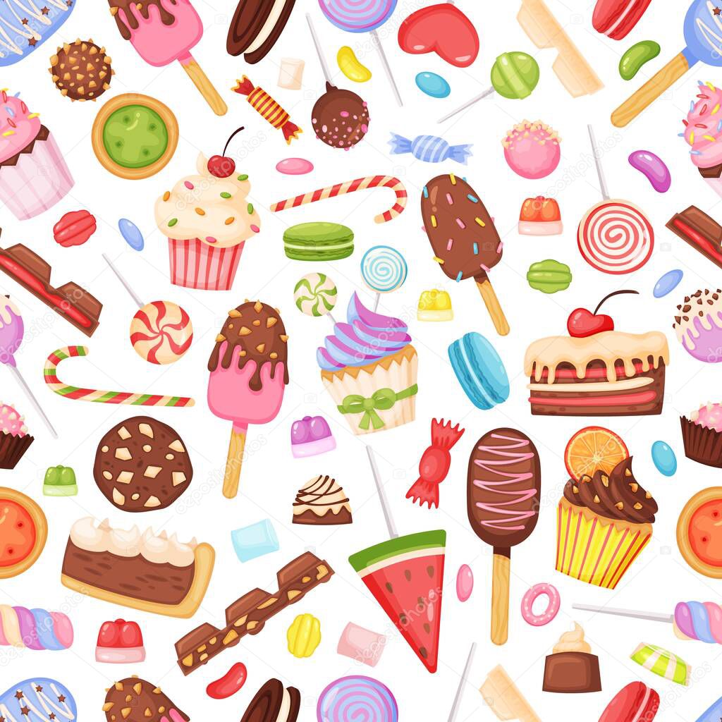 Cartoon sweets and candies, delicious desserts seamless pattern. Cupcake, chocolate, lollipop, ice cream. Bakery and confectionery background