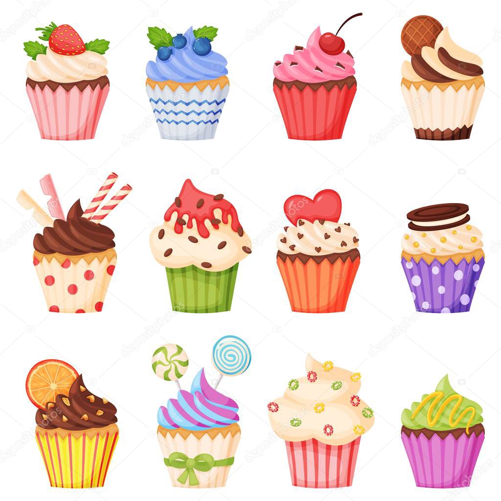 Cartoon cupcake with various toppings, delicious sweet desserts. Muffins or cupcakes with chocolate cream, fruits. Confectionery vector set