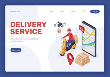 Isometric dağıtım servisi iniş sayfası, online alışveriş. Drone paketleri teslim ediyor, scooter 'da kurye. Gıda dağıtım konsepti vektör web pankartı