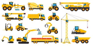 Ağır makineler, inşaat ekipmanları ve araçlar. Forklift, kazıcı, vinç, traktör, buldozer, kazıcı vektörü ayarlandı