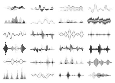 Black sound waves, music beat, audio equalizer. Abstract voice wave rhythm, radio waveform, digital soundwave visualization vector set clipart