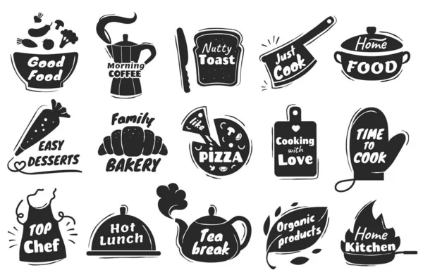 Cooking lettering logo, kitchen utensil emblem, home baking badge. Cookery and bakery quotes, restaurant or cafe menu logos vector set — Stock Vector