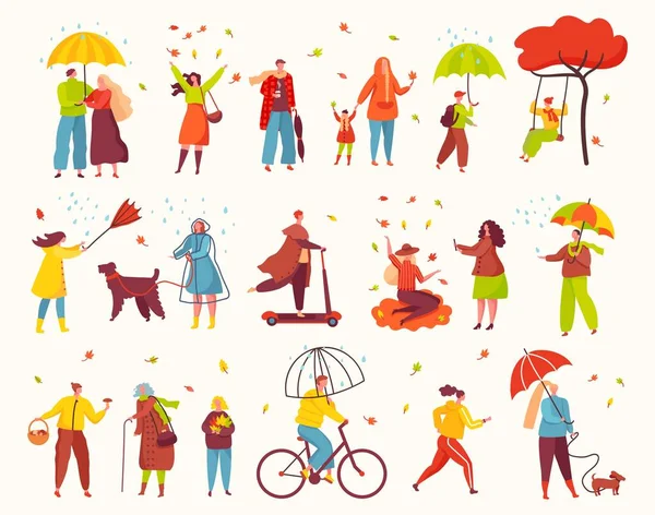 Pessoas andando no parque de outono, atividades ao ar livre temporada de outono. Personagens sob guarda-chuvas na chuva, mulher jogando folhas, homem conjunto vetor ciclismo — Vetor de Stock
