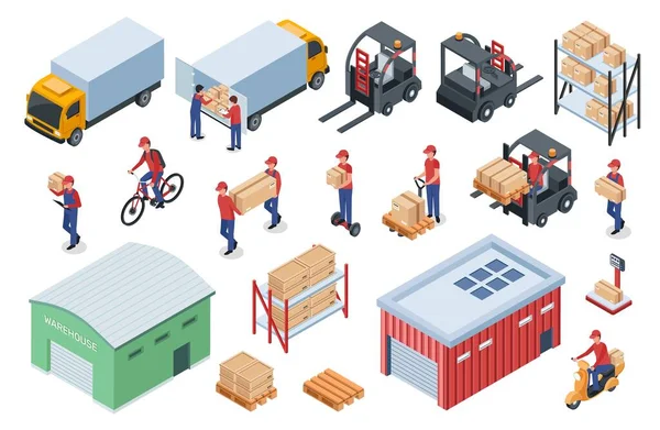 Logistica di magazzino isometrica, addetti alle consegne, veicoli merci. Carrello elevatore, camion, scaffali di stoccaggio con scatole, set vettoriale centrale di distribuzione — Vettoriale Stock
