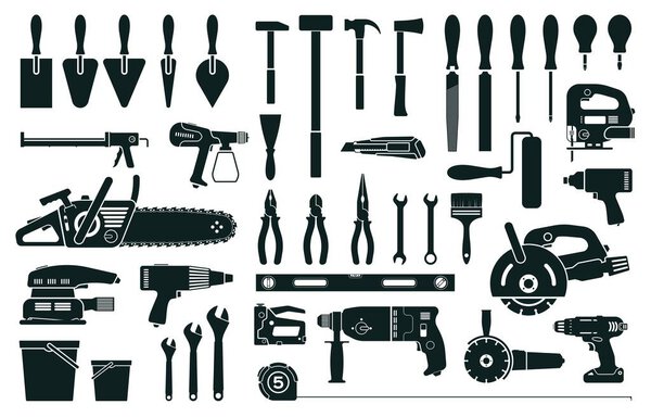 Construction tools, home repair or renovation instruments silhouette. Hammer, screwdriver, drill, pliers. Carpenter building tool icon vector set