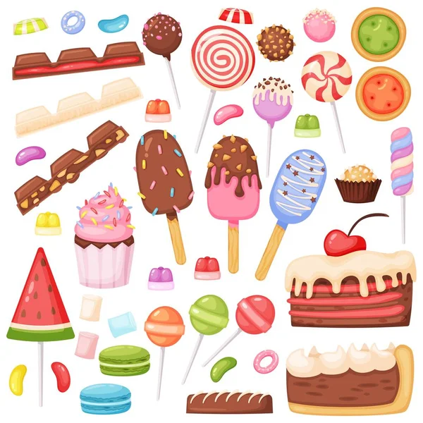 Caricaturas dulces y postres, galletas, piruletas, helados. Jelly beans, malvavisco, rebanadas de pastel, chocolate. Delicioso conjunto de vectores de confitería — Vector de stock