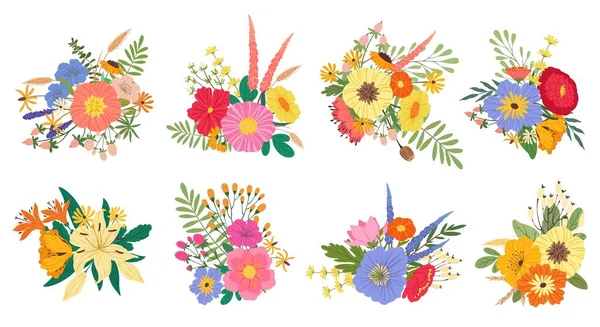 Ramos de flores en flor de primavera, ramo de flores de boda. Lirios de flores, peonías y flores silvestres, flores de flores arreglo vector conjunto — Vector de stock