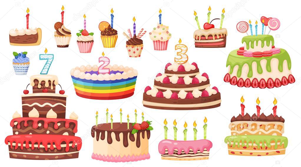 Cartoon cakes and cupcakes with candles, delicious sweet desserts. Birthday celebration chocolate cake, cupcake and pastry vector set