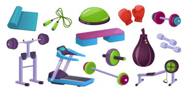 Evde spor aletleri, spor antrenman makineleri. Jimnastik topu, halterler, yoga minderi. Sağlıklı yaşam tarzı egzersiz araçları vektörü seti